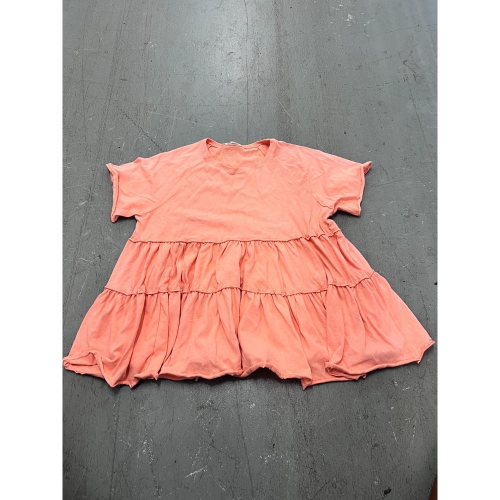 Easel Blouse Top Womens Large Coral Pink Tiered Ruffle Raglan Sleeve Shabby Chic